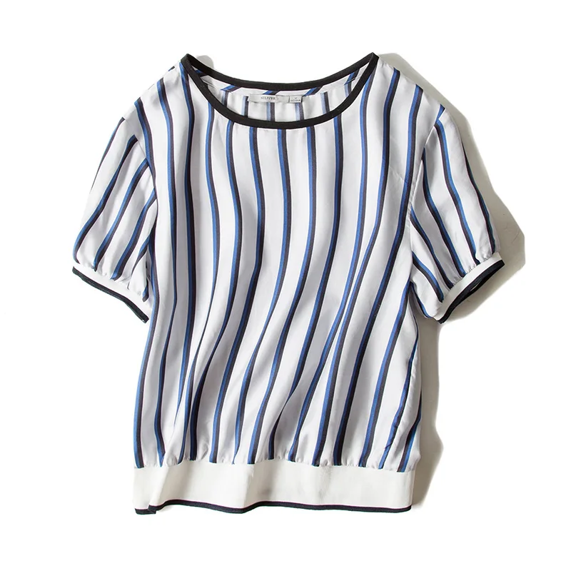 Women T Shirt 100% REAL SILK Striped Print Short Sleeved 2019 Spring Summer Printed shirt for | Женская одежда