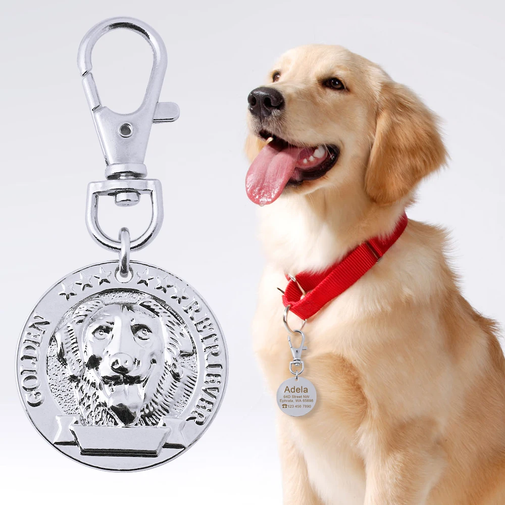 Golden Retriever Собачья идентификационная бирка, Выгравированная именная бирка для собак, табличка с именем французского бульдога, анти-потеря, подвеска для домашних животных, аксессуары для собак, подвеска на ошейник - Цвет: Golden Retriever
