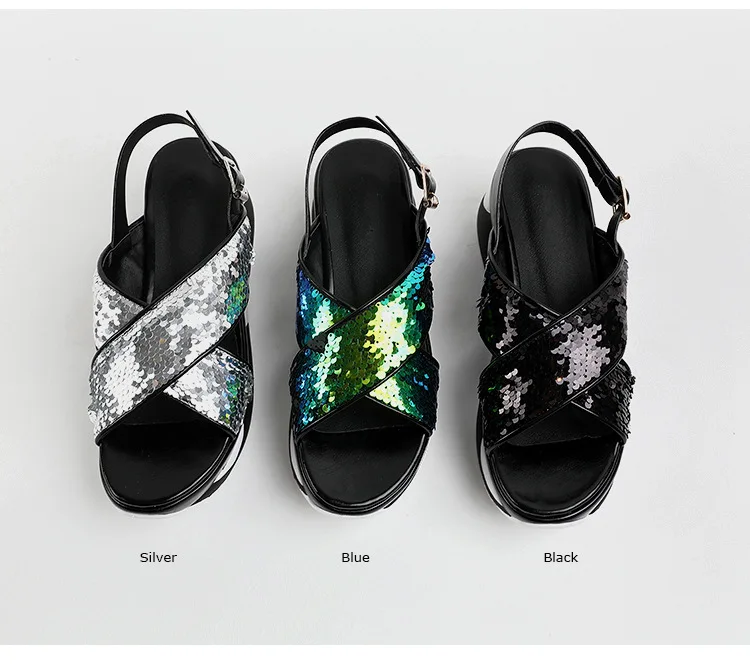Обувь с блестками; женские летние босоножки на платформе; chaussures femme; женская обувь; sandalia feminina; ремешки с блестками; блестящий серебристый цвет