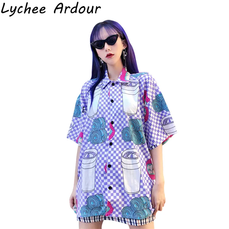 Lychee Ardour мультяшная клетчатая рубашка хит цвет отложной воротник короткий рукав
