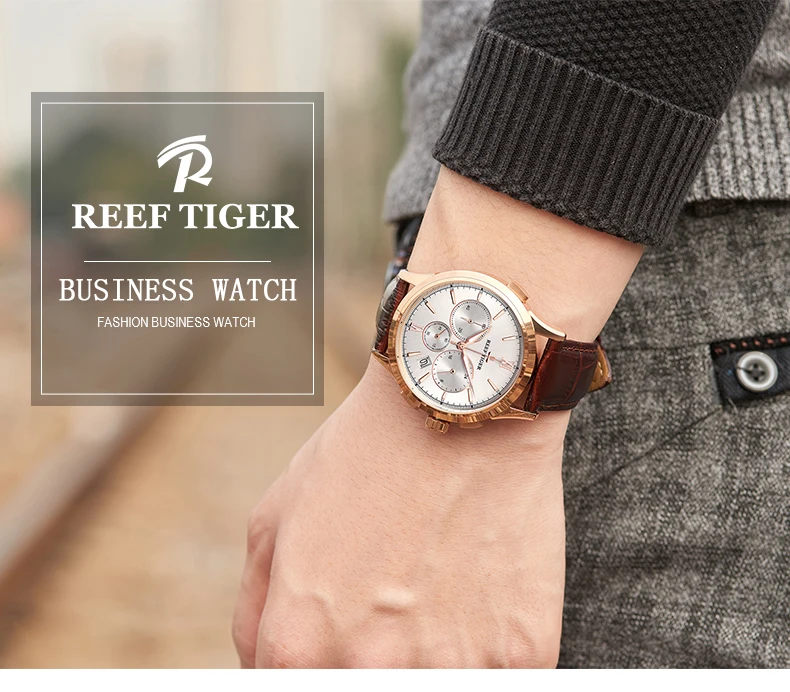 Reef Tiger/RT роскошные мужские повседневные часы с черным циферблатом, золотые мужские часы с хронографом, кварцевые часы с кожаным ремешком RGA1669