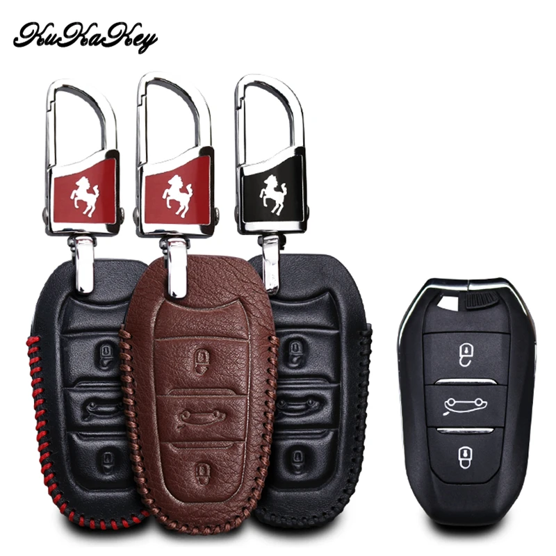 

KUKAKEY Genuine Leather Car Key Case Cove For Citroen DS3 DS4 DS5 DS6 For Peugeot 508 301 2008 3008 4008 407 408 Smart Key