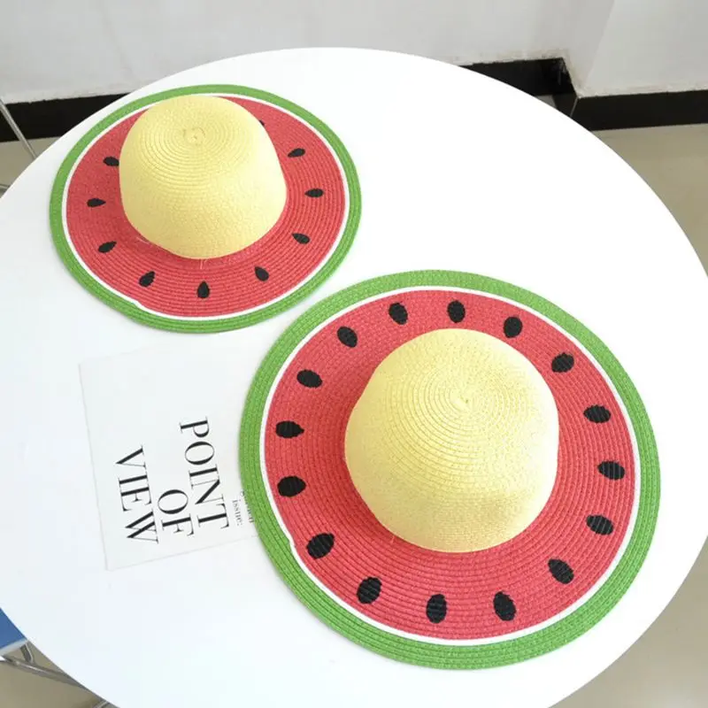 Watermelon Red Летняя соломенная Солнцезащитная шляпа для взрослых, цветная, в форме арбуза, семейная, круглая, широкая, с защитой от ультрафиолета пляжный навес Кепка с покрывалом - Цвет: Watermelon Red