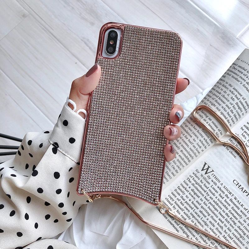 Стразы чехол сверкающий с блестками для iphone XS MAX XR 11X7 8 Plus 6 6s роскошный Алмазный Мягкий протектор с металлической цепочкой задняя крышка