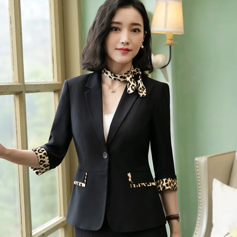 Black blazer Модный Леопардовый лоскутный блейзер для женщин, лето, официальный пиджак с рукавом до локтя, офисный женский пиджак размера плюс, повседневное пальто - Цвет: Black blazer