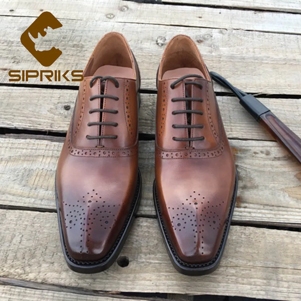 

SIPRIKS Imported Italian Mens Calf Leather Patina Brown Oxfords Design Unique Square Toe Brogue Dress Shoe Retro Goodyear Welted