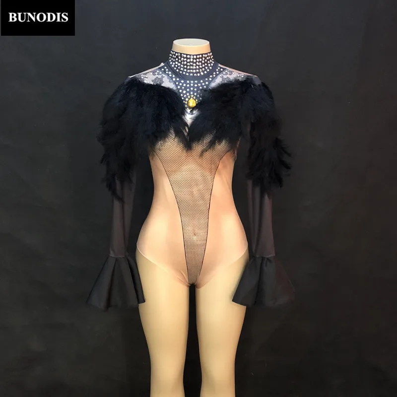 ZD381 Women Sexy Skin Color Bodysuit Black Feather Sparkling Crystals Jumpsuit Nightclub Party Dancer Singer Stage Wear Costumes