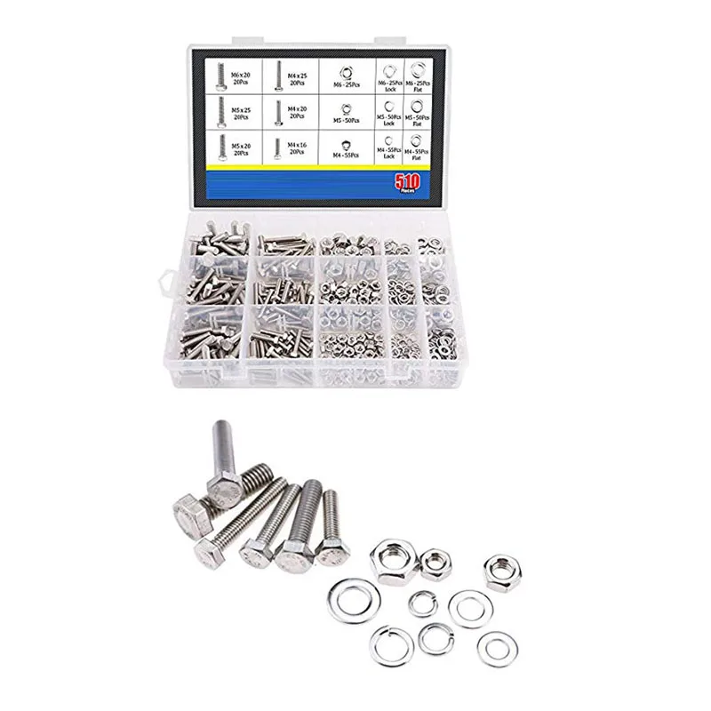 510 Pieces Flat Hex Stainless Steel Screws Bolts nuts Lock and Gasket Washers Assortment Kit flat lock 304 stainless | Обустройство