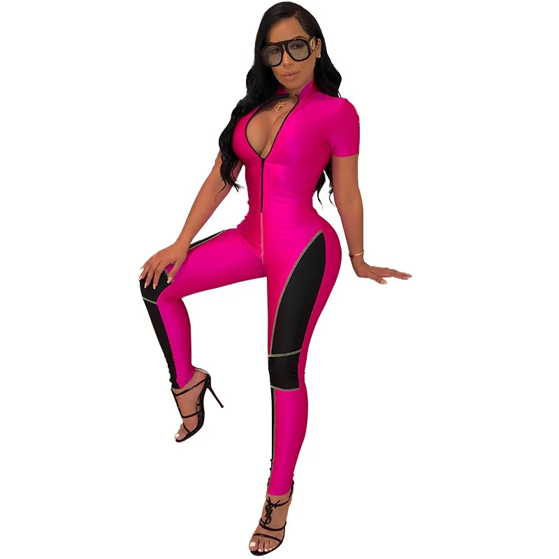 rosy jumpsuit Adogirl Цвет лоскутное Для женщин Athleisure комбинезон сексуальный молния V шеи короткий рукав Тощий ползунки спортивные костюмы спортивный костюм - Цвет: rosy jumpsuit