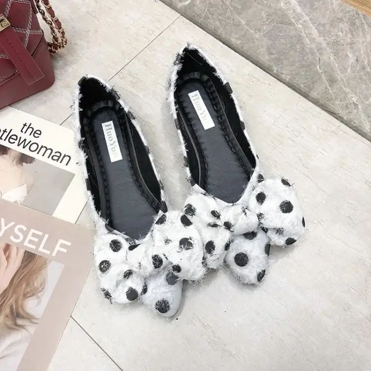 Cute Dot Black White Pink Suede Women Flats Pointed Toe Soft Massage Rubber Heels Shoes Chic Bowtie Slip On Zapatos Mujer | Обувь