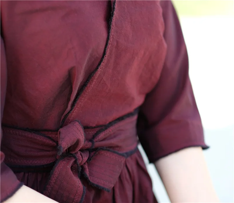Origional Summer Cotton Linen Vintage Cotton V-neck Belt Small Loose Dress