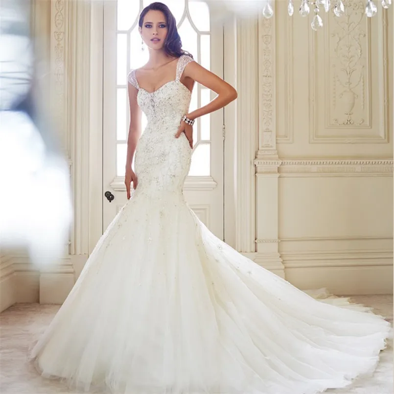 Длинное платье Русалка свадебное с блестками бисер кружевной рукав крылышко