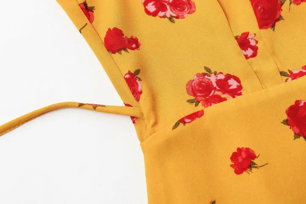 2019 Ретро глубоким v-образным вырезом красная роза Цветочный принт короткий рукав