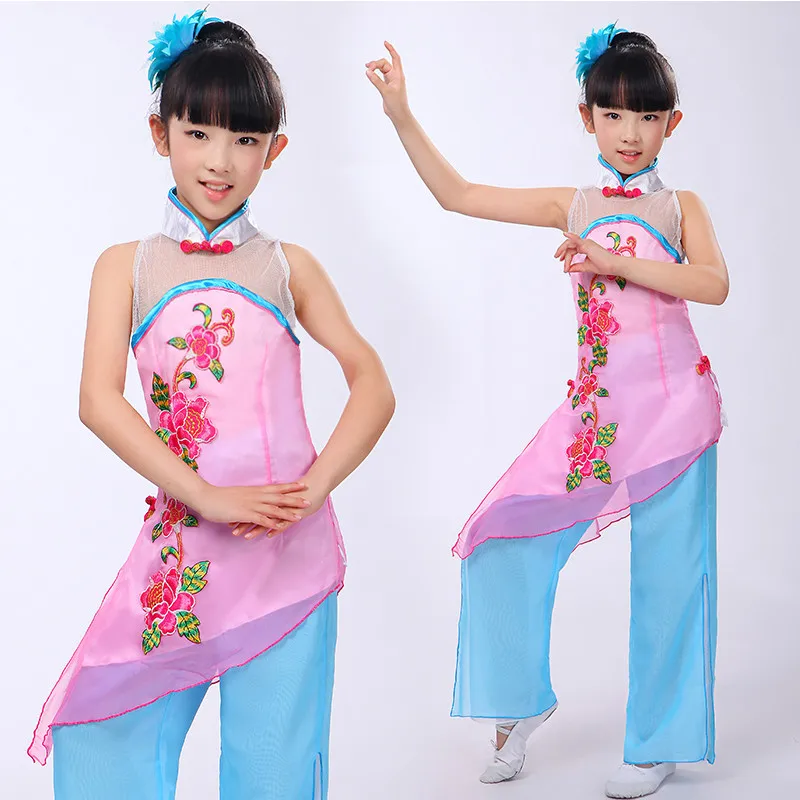 

Children's Chinese Folk Costume Girls Yangko Dance Dress Kids Modern Dance Costume Kids Fan Umbrella Dancing Dress 18