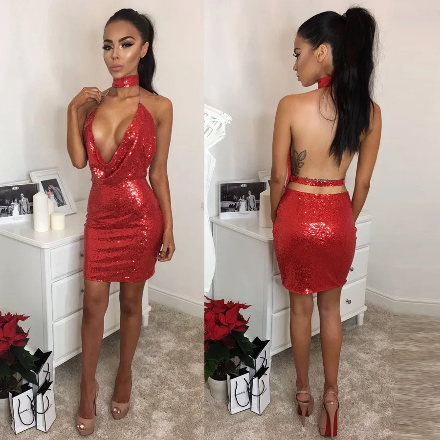 Сверкающими блестками Короткое платье женщин Повода глубоким v-образным вырезом