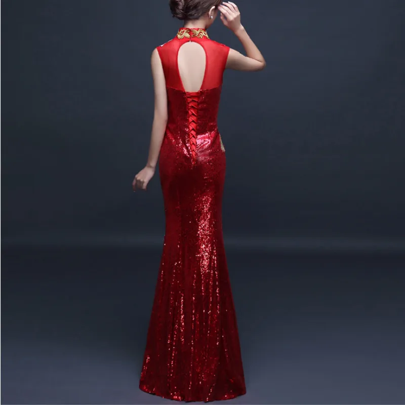 Платье с вышивкой Cheongsam Китайский вечернее платье вышивка Восточный платья Кружева Русалка торжественные платья Длинные Qipao красный Феникс