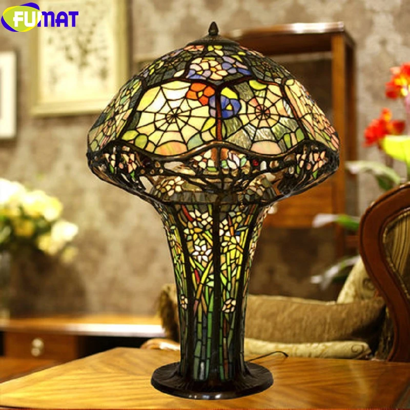 Goede FUMAT Gebrand Orchidee Tafel Lampen Paddestoel Spider Web Antieke Bureaulamp Zuiver Koper LED Licht Pull Schakelaar Armaturen