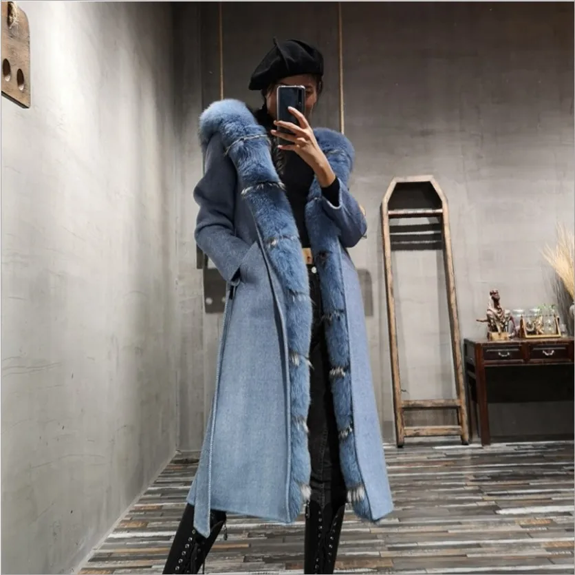 Blue Высокое качество кашемировое шерстяное пальто женское длинное пальто женское натуральное лисьего меха воротник съемная подкладка из кроличьего меха Рекс с поясом - Цвет: Blue