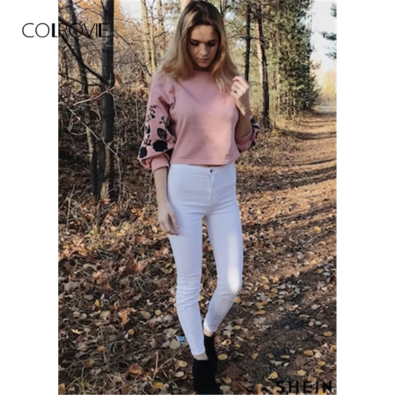 COLROVIE, Розовый пуловер с цветочным принтом и спущенными плечами, укороченная Женская толстовка с вышивкой, зима, осенние корейские офисные толстовки