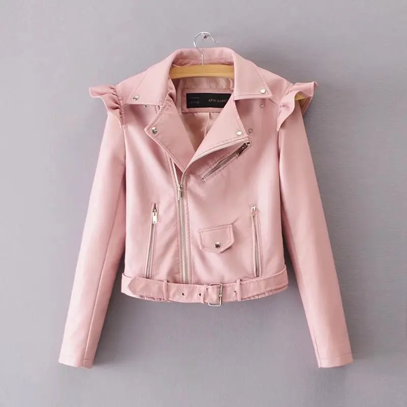 Кожаная куртка с рюшами и молнией для женщин в стиле Панк-рок мотоциклистов весна 2018 года с длинными рукавами для уличной одежды.