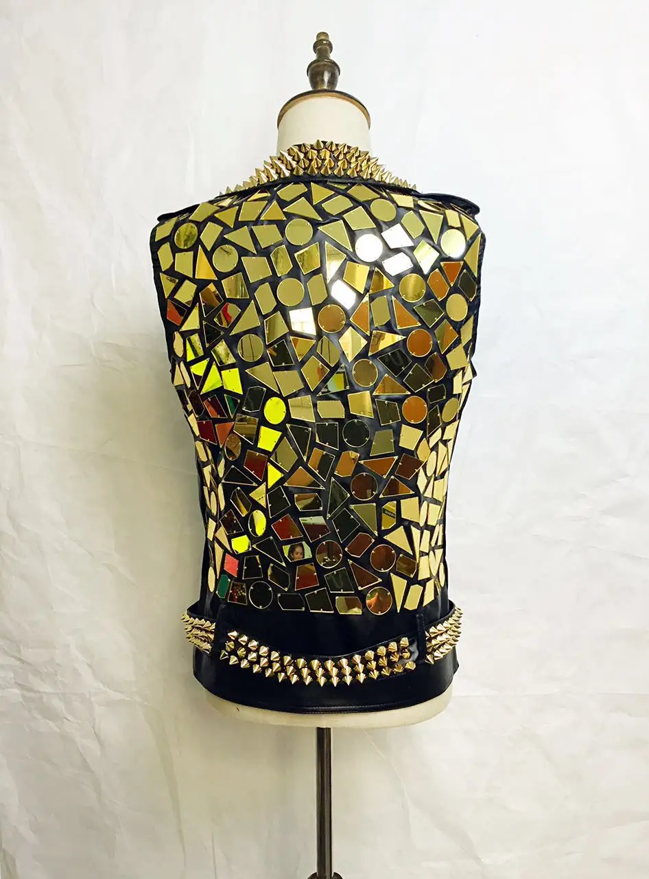 Мужской певец золотая заклепка зеркало мотоциклетный кожаный жилет костюм для