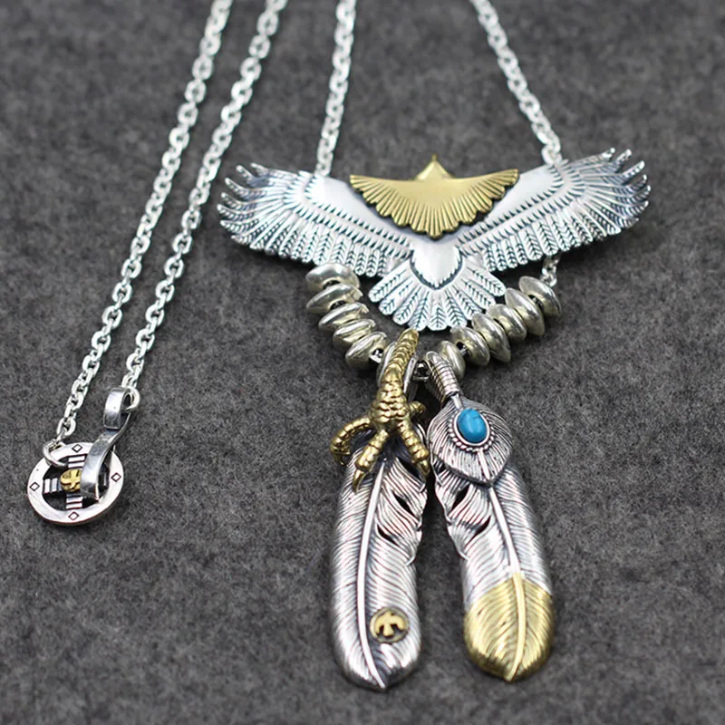

Takahashi Goro Retro Thai Silver Eagle Claw Pendants S925 Sterling Silver Corner Chain Flying Hawk Pendant A Set Necklaces