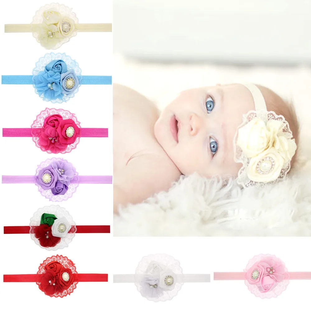 TWDVS Hair Accessories Newborn Rose Pearl Lace Flower Headwear baby rhinestone Bands Infant Children Baby Headband h033 |