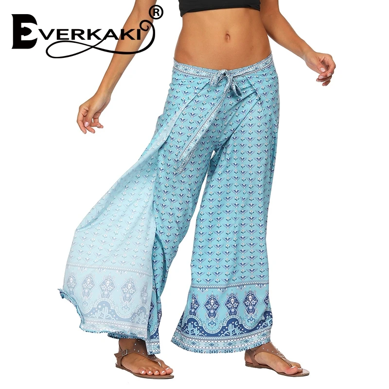 Everkaki Casual High Waist Wide Leg Pants Women 2019 Summer Beach Split Trousers Female Holiday Vintage Floral Prints | Женская одежда