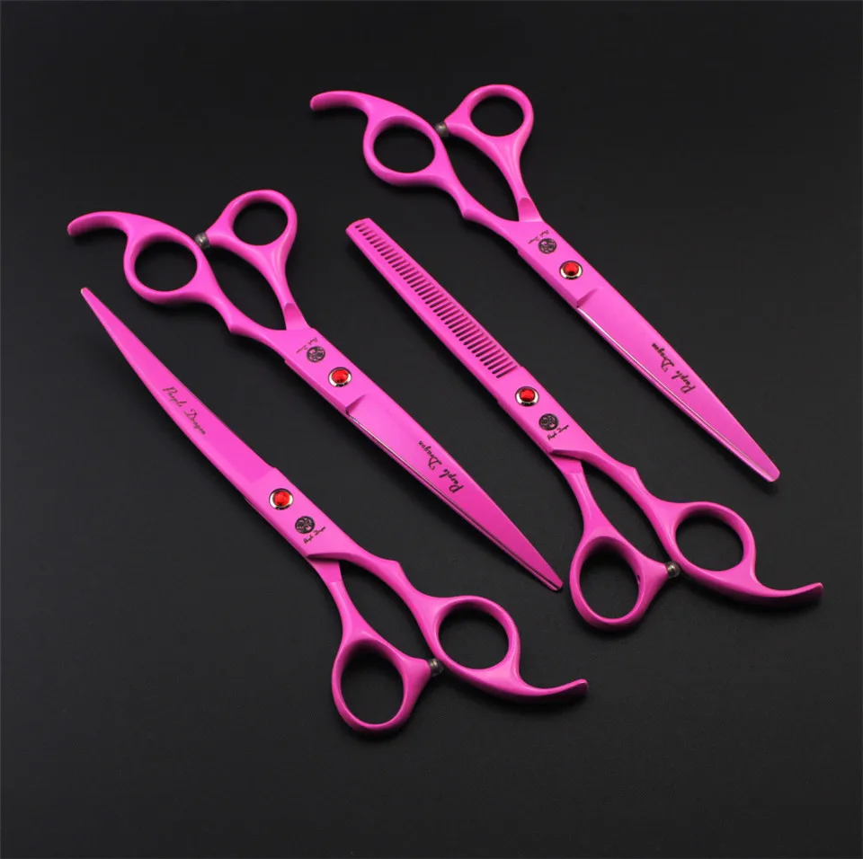 Professional Pet Grooming Scissors Sets 7.0 inch Pink Straight &amp Thinning Curved High Quality Shears 4pcs Set |