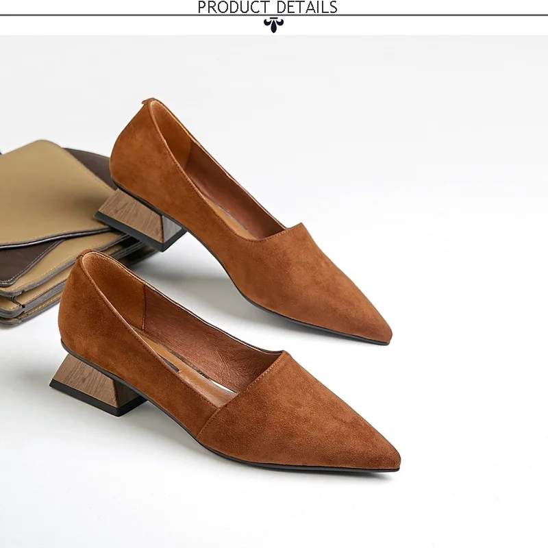 ZVQ women pointed toe fashion heels square thick low heel ladies kid suede upper woman spring shoes office ladies working heels