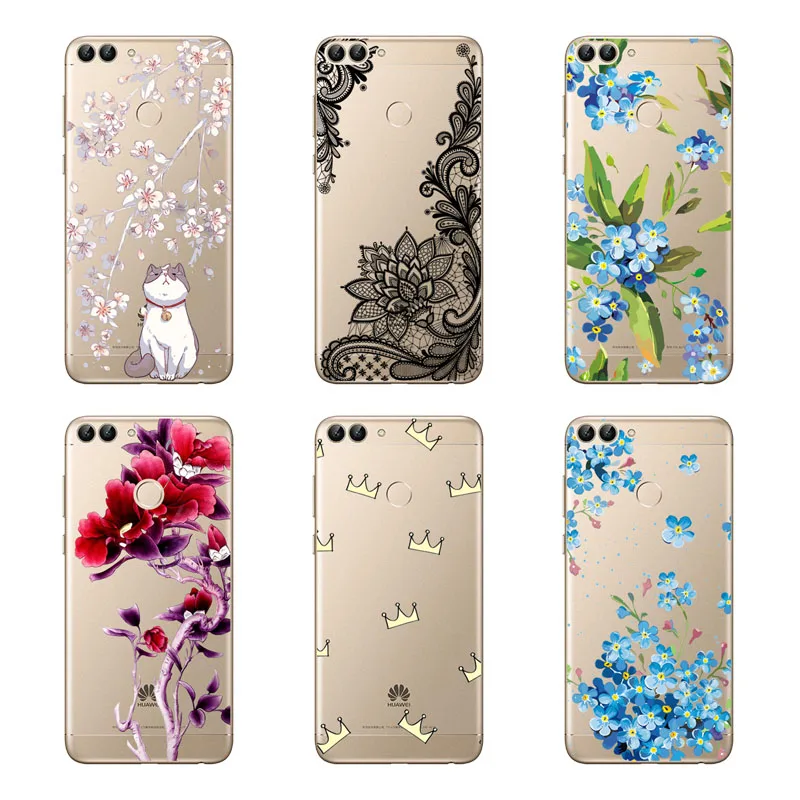 Huawei p smart Case силиконовый черный чехол с цветочным рисунком мягкая задняя крышка из