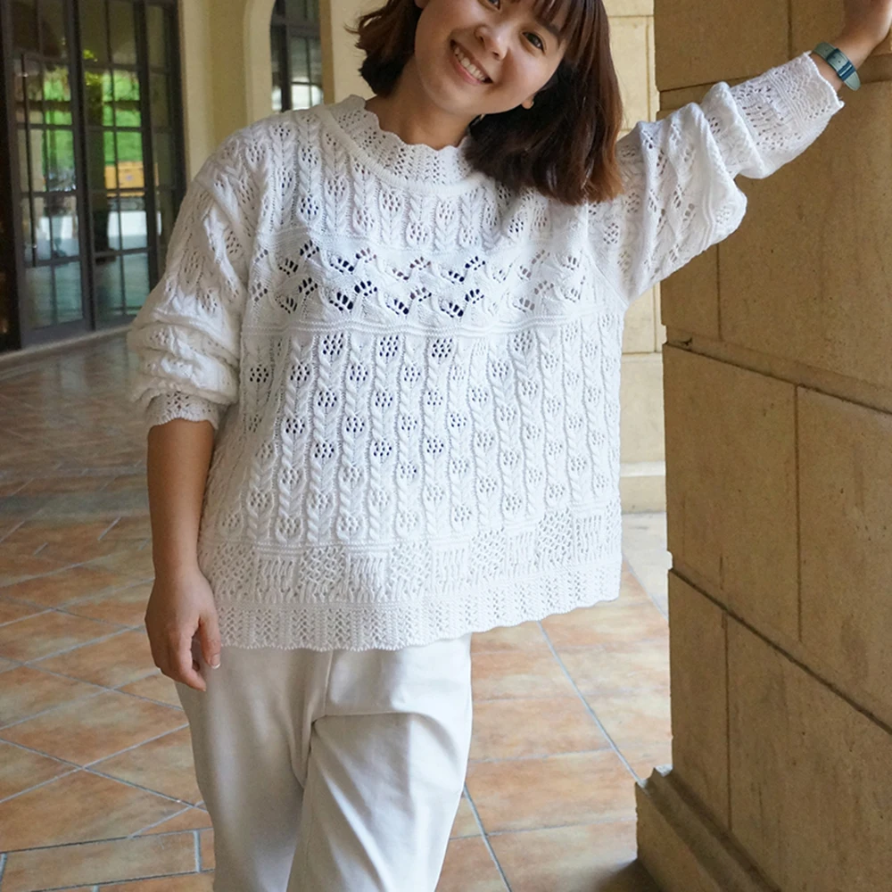 Autumn Winter Long Sleeve Wave Crochet Hollow Out Knitted Pullover Loose Women Sweater Kawaii Sweet Girl Knitwear White Jumper | Женская