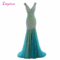 linyixun real photo 2020 new prom dresses see through sexy luxury beaded crystal long v neck backless formal evening gowns