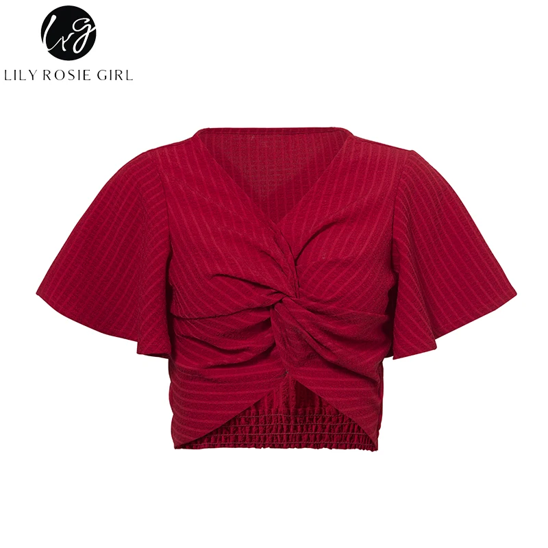 Лили Rosie девушка сексуальная V Neck Crop Для женщин блузки 2018 летние красные рубашки с