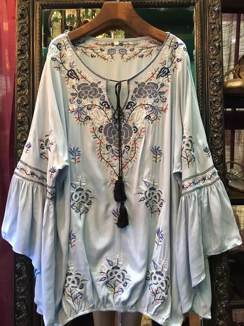 Женские блузки Топы Бохо хлопок длинный рукав вышивка цветочный v-образный вырез