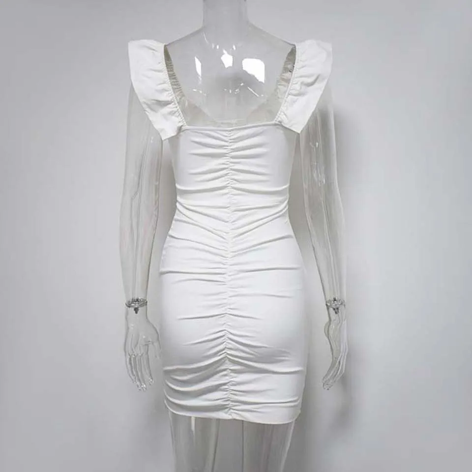 Karlofea Ruched Ruffles платье женское белое хлопковое облегающее мини леди Отдых милые