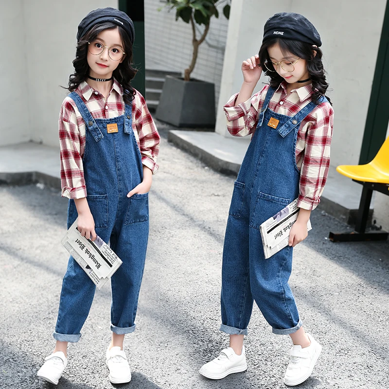 Kids Clothing Sets For Girls Denim Overalls Spring Autumn Plaid Blouses Shirts Children Jeans Pants 4 6 8 10 12 Years | Детская одежда