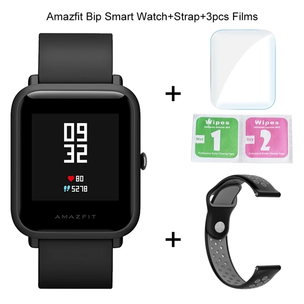 Add 1 Strap 3 Films Оригинальные Смарт-часы Xiaomi Amazfit Bip, фитнес-трекер, gps, умные часы, IP68, водонепроницаемые, 45 дней, срок службы батареи, пульсометр - Цвет: Add 1 Strap 3 Films