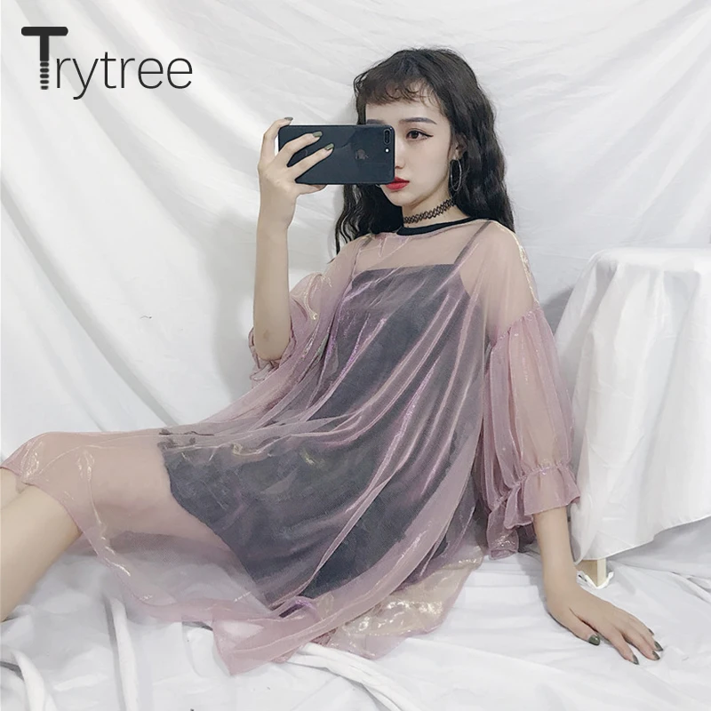 Trytree летнее платье повседневное женское с круглым вырезом и рукавом фонариком в