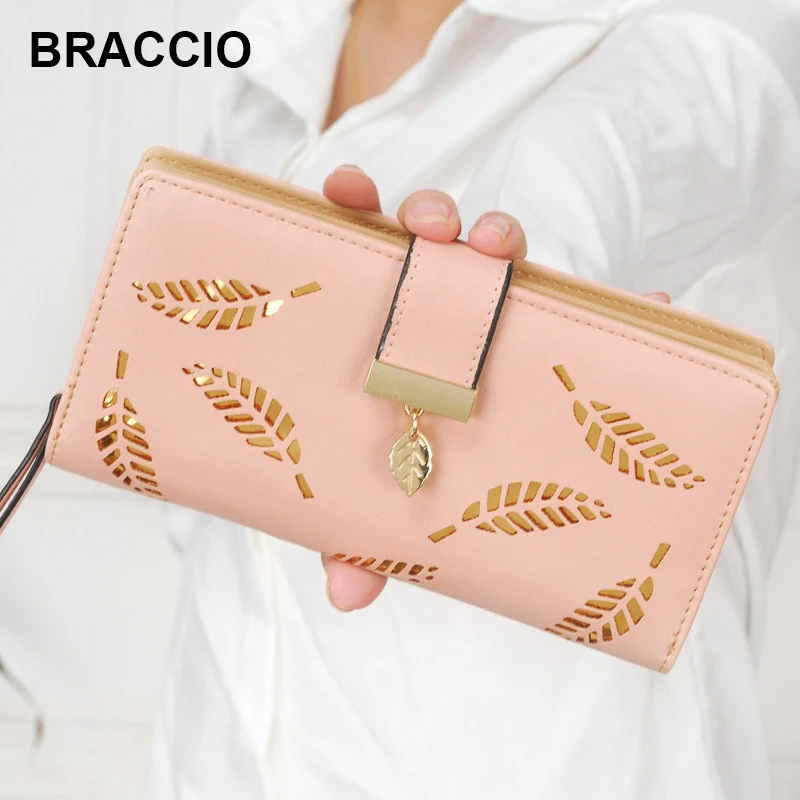 Женский Длинный кошелек из ПУ кожи с золотыми листьями|sweet purses|wallet puwomen long wallet |