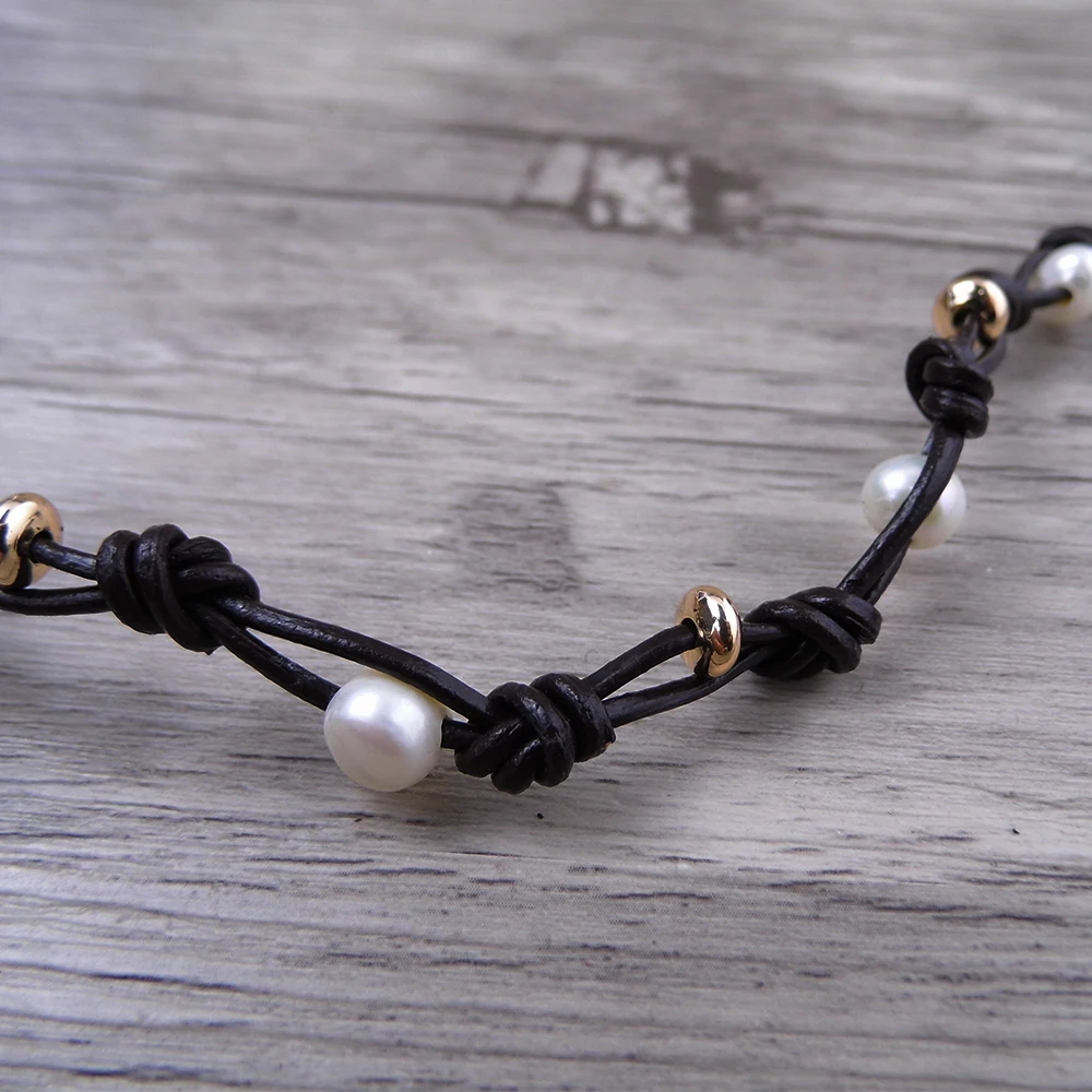 White freshwater pearl bracelet GOLD beads Leather bead wrap yoga jewelry bohemian boho | Украшения и аксессуары