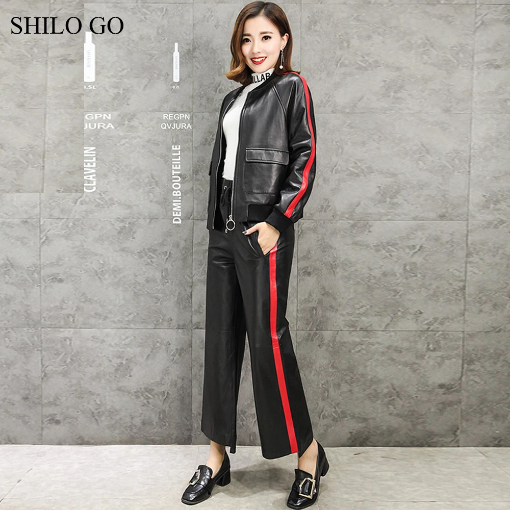 SHILO GO кожаный костюм женские осенние модные комплекты из натуральной овечьей кожи с воротником-стойкой Лаконичные кожаные куртки в полоску брюки