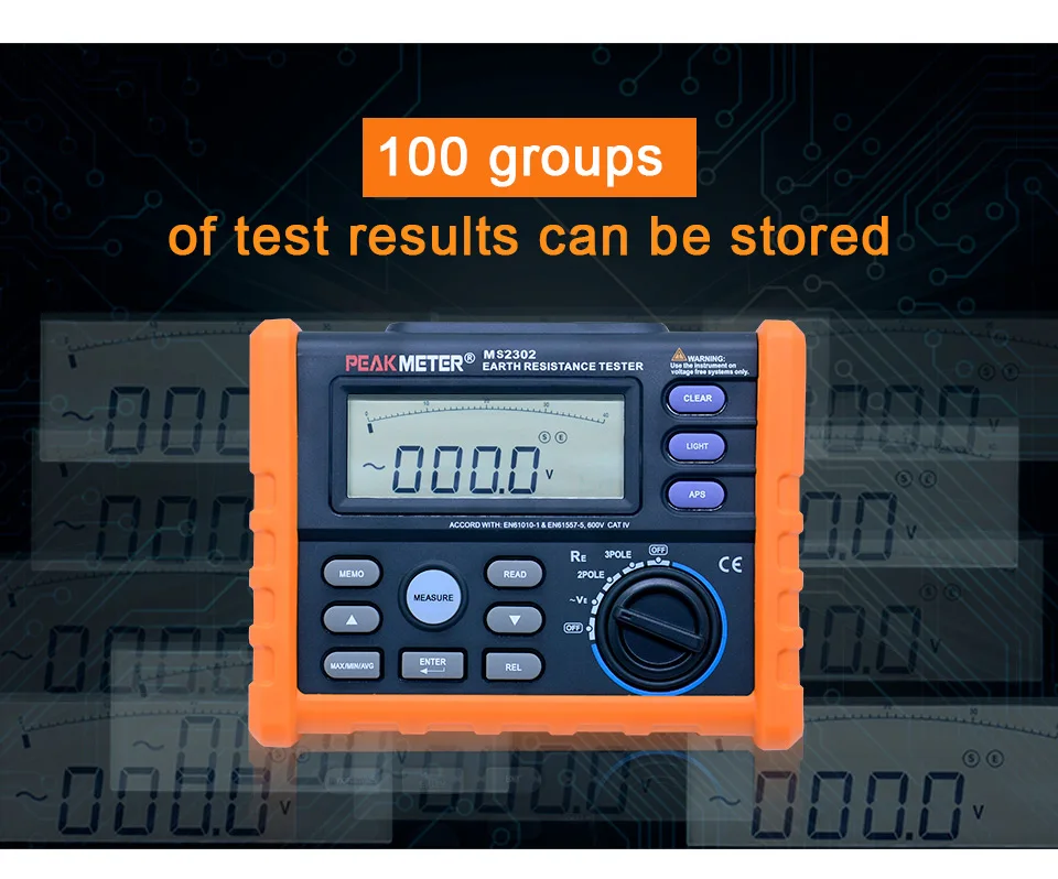 PEAKMETER PM2302 цифровой измеритель напряжения Сопротивление заземления 0 Ом до 4K Ом 100 группы регистрации данных с подсветкой