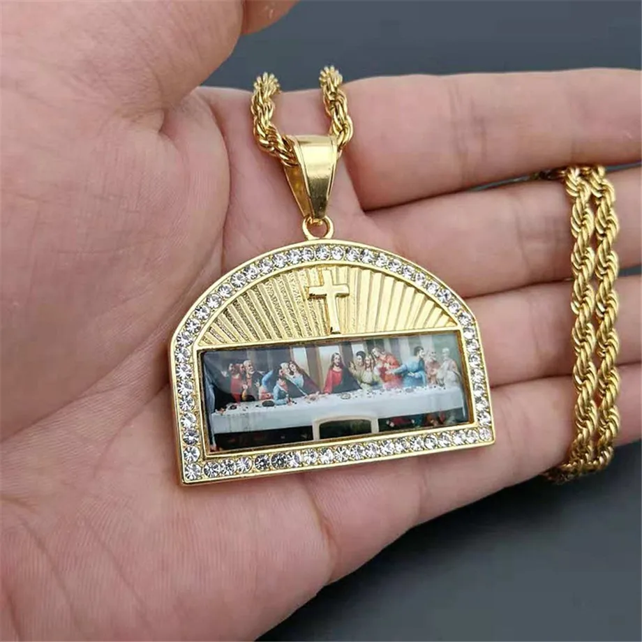 Купи Religious The Last Supper Pendant Necklace For Men Stainless Steel Gold Color Iced Out Bling Cross Necklace Male Jewelry за 677 рублей в магазине AliExpress