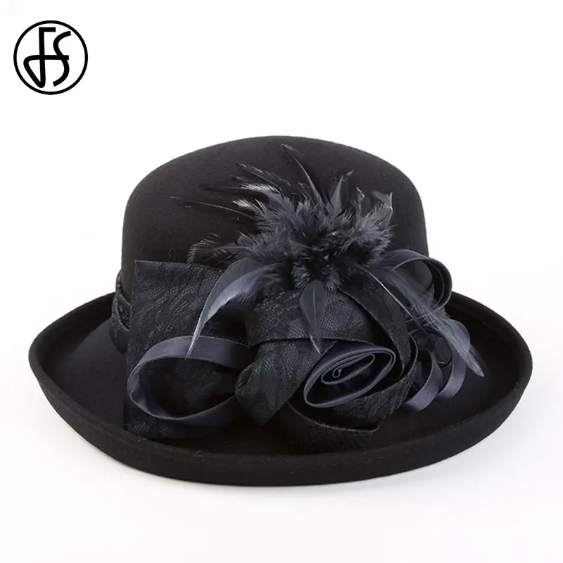 Black Wool Fedora FS винтажная шерстяная фетровая шляпа с широкими полями для женщин, с цветком, красного, коричневого, черного цвета, зимняя фетровая шляпа-котелок, женская шапка - Цвет: Black Wool Fedora