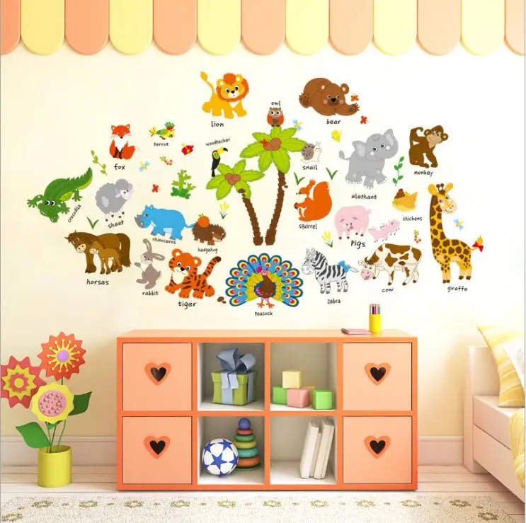 Cartoon Animal Wall Sticker Friends Stickers For Kids Rooms English Letters Decal Nursery Decor SK9296 | Дом и сад