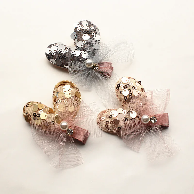 

3pcs/lot Big Shinning Sequins Korean Hair Clip Gauze Bowknot Pearl Heart Shape Girl Hairpin Cute Star Design Hair Grips Headwear