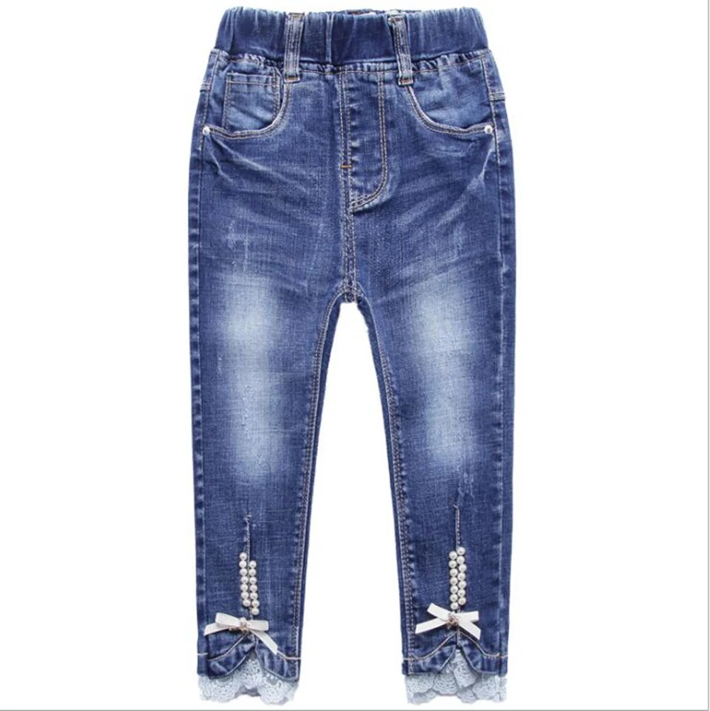 Демисезонные джинсы с Жемчужной Лентой повседневные брюки одежда для девочек
