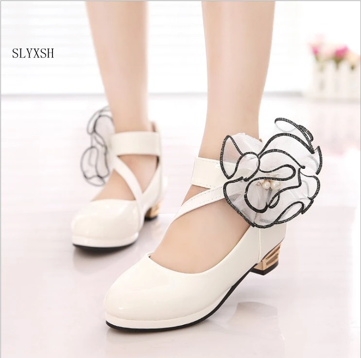 

SLYXSH New Lace Flower Big Girls Princess Shoes Single Leather Shoes White Red Black Sweet Performance Children baby size 26-38