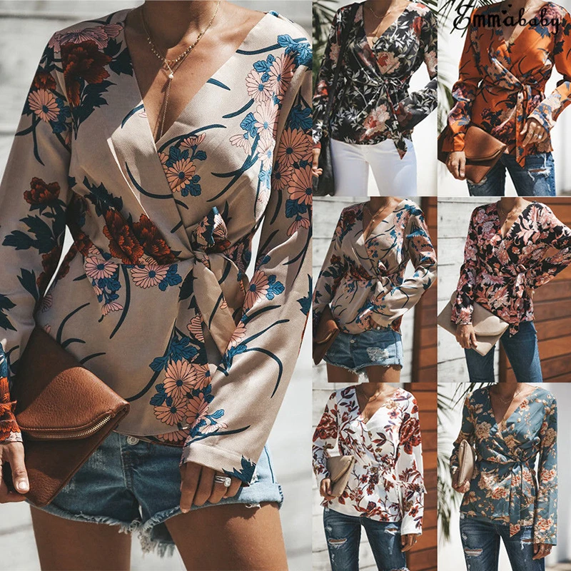 Модные женские туфли с длинным рукавом цветочные рубашки Повседневное свободные